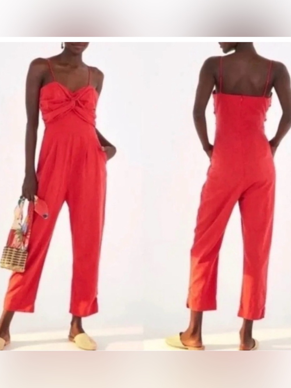 FARM Rio Red Twisted-Bodice Spaghetti-Strap Jumpsuit